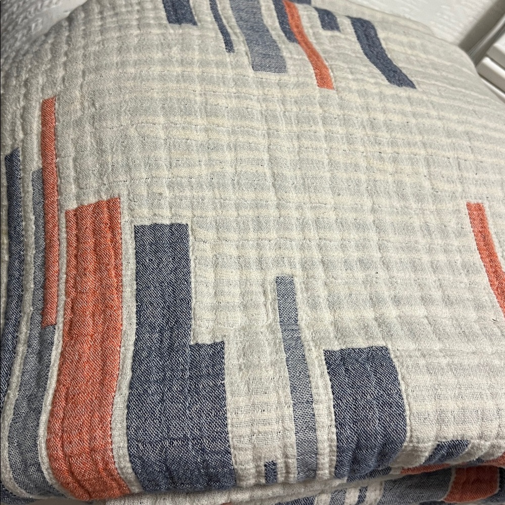 100% Cotton Gauze Blanket Throw 48x70 Cream, Denim & Mandarin Made in Portugal - Picture 2 of 8